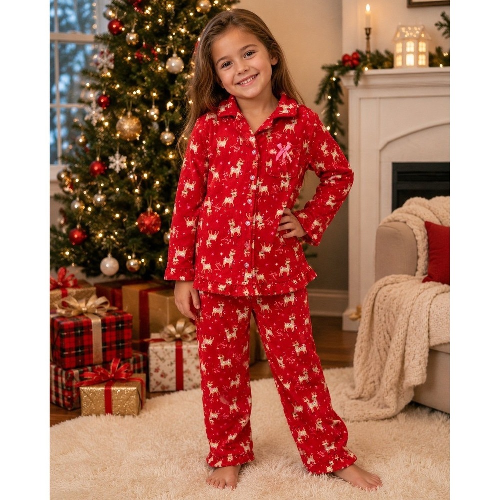 Betsey Johnson Girls Christmas Reindeer Pajama Set Size 7 Red Plush
